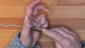 Lege den Arbeitsfaden von unten nach oben um den Daumen, sodass eine Schlaufe um den Daumen entsteht.. Maschen Anschlagen