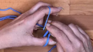 und ziehe den Arbeitsfaden durch die Daumenschlaufe. Ziehe den doppelten Faden mit dem Daumen fest. . Maschen Anschlagen