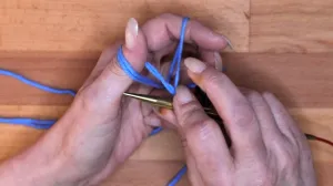 Gehe für die übernächste Masche (ungerade) von unten nach oben durch die Daumenschlaufespan>. Maschen Anschlagen