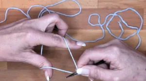 und hole den Faden vom Daumen. Achte darauf, dass der Faden vom Zeigefinger gespannt bleibt. Das ist die dritte Masche.. Maschen Anschlagen